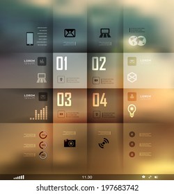 Transparent business Infographics, plat elements. Shadows options, diagram on blur landscape can be used for workflow layout, banner, step up options,  number options,  web template
