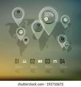 Transparent business Infographics world map on blur landscape can be used for workflow layout, banner, step up options, web design.