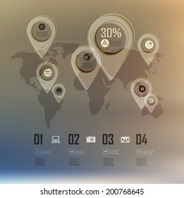 Transparent business Infographics world map on blur landscape can be used for workflow layout, banner, step up options, web design.