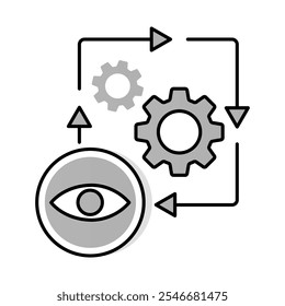 Transparent Business Process Icon – Eye with Gears and Arrows, Representing Clarity, Workflow Visibility, and Process Transparency