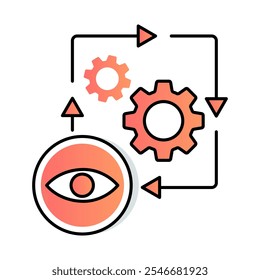 Transparent Business Process Icon – Eye with Gears and Arrows, Representing Clarity, Workflow Visibility, and Process Transparency