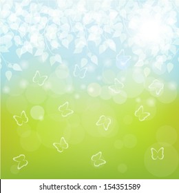 Transparent butterflies flying over blurred sky and grass background with shiny leaves
