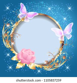 Transparent  butterflies and pink rose with decorative golden round frame on glowing stars background