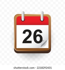 Transparent calendar vector png, Vector illustration of Day 26 icon in red color and transparent background(PNG).