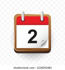 Transparent calendar vector png, Vector illustration of Day 2 icon in red color and transparent background(PNG).