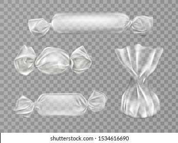 Transparent candy wrappers set isolated on grey background. Limpid blank package for lollipops, chocolate and truffle sweets. production design elements. Realistic 3d vector illustration, clip art