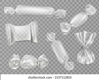 Transparent candy wrappers set isolated on limpid background. Blank package for lollipops, chocolate, truffle and pouch sweets production, design elements. Realistic 3d vector illustration, clip art