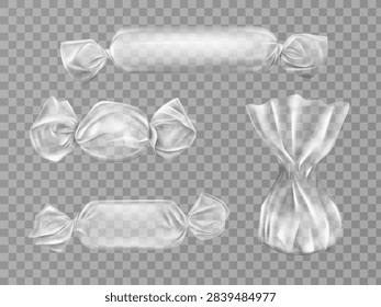 Transparent candy wrappers set isolated on grey background. Limpid blank package for lollipops, chocolate and truffle sweets. production design elements. Realistic 3d vector illustration, clip art