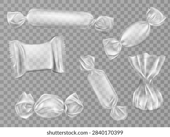 Transparent candy wrappers set isolated on limpid background. Blank package for lollipops, chocolate, truffle and pouch sweets production, design elements. Realistic 3d vector illustration, clip art