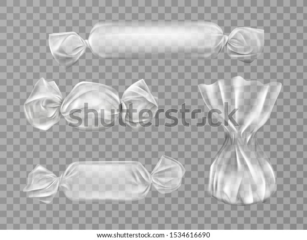 Transparent candy wrappers set isolated on grey\
background. Limpid blank package for lollipops, chocolate and\
truffle sweets. production design elements. Realistic 3d vector\
illustration, clip\
art