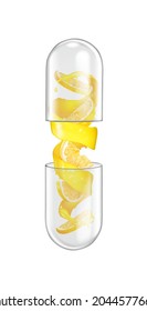 Transparent capsule with a splash of citrus juice and fruit pieces on a white background. Vector illustration