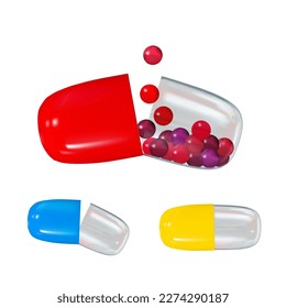 Transparent capsule or tablet with pellets inside. vector illustration of medicine