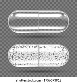 Transparente Kapseln leer und mit granuliertem Füllstoff. Ovale Medizin Pillen Schmerzmittel, Antibiotika, Vitamin, Aminosäure, Mineral, bioaktiver Zusatzstoff, realistische 3D-Vektorsporternährung, Arzneiware