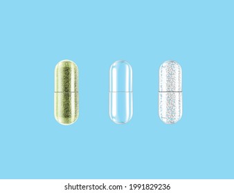 Transparent capsules empty and with granules Herb capsule, nutritional supplement. Vector