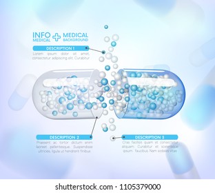 transparent capsules info graphic. Painkillers, antibiotics, vitamins, amino acids, minerals, bio active additive, sports nutrition. Icons of medicament. Medical illustration on blue background. 