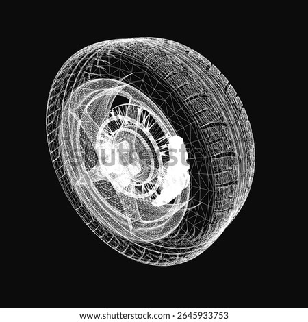 A transparent car wheel frame with tire, rim, and brake pads in a detailed vector illustration. White intricate lines form the 3D wireframe design on a black background.