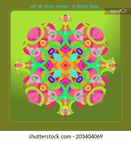 Transparent card with  abstract circular ornament of multicolored shapes on the gradient  rounded rectangle and text. 