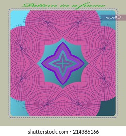 Transparent card with  abstract circular pattern of colored shapes, stars, spirals, stripes in a gradient rounded rectangle and green text on a frame. Handmade.