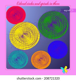 Transparent card with abstract  colored composition of spirals, circles on a gradient  rounded rectangle  and pink text, colored butterfly. Handmade.