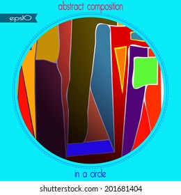 Transparent  card  with abstract multicolored  composition in a circle and  text.