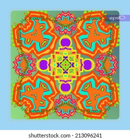 Transparent card with abstract  pattern from colored shapes with green text,on a gradient rounded rectangle, light  blue frame. Handmade.