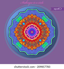 Transparent card with arabesque on a gradient  circle and pink text on a frame.