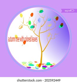 Transparent card with autumn tree in a gradient blue circle and text on a purple background.