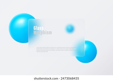 Transparent card or banner template with blue volumetric spheres. Glass morphism background.