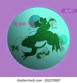 Transparent card and big green frog in the algae gradient circle 