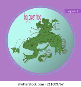 Transparent card and big green frog  algae  flag   text in  gradient circle Handmade 
