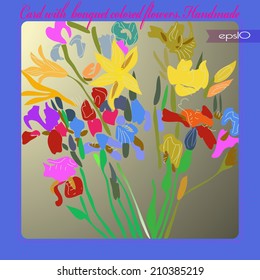 Transparent card with bouquet of yellow lilies and blue irises on a gradient rounded rectangle and pink text on a blue frame, transparent flag . Handmade.