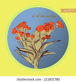 Transparent card with branch summer flowers and text in a  gradient blue  circle. Handmade.