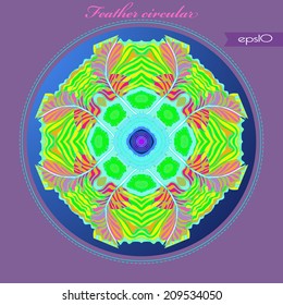 Transparent card with circular feathers in a gradient circle and pink text on a frame. Handmade.