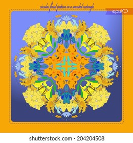 Transparent card with circular floral ornament  in a blue gradient  rounded rectangle and text.