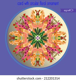 Transparent card with circular floral ornament in a gradient  circle and text.