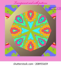 Transparent card with circular floral  pattern on a gradient rounded rectangle and pink text.