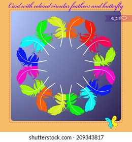 Transparent card with circular ornament of  colored feathers in a gradient rounded rectangle and  purple text, colored  butterfly on an orange frame.