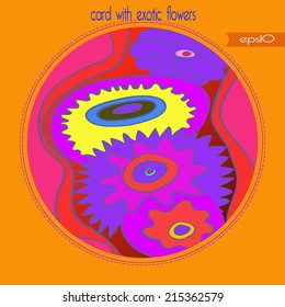 Transparent card with  composition of stylized flowers on an orange gradient  background and text. Ukrainian folklore.  Handmade.