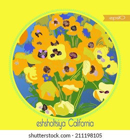 Transparent card with eshsholtsiya in the  gradient circle  and flag on a yellow frame. Handmade.