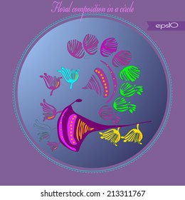 Transparent card with floral motif in a blue gradient circle and pink text on a purple frame. Handmade.