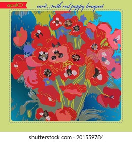 Transparent card with floral motif of red poppy and text on a gradient background. Handmade