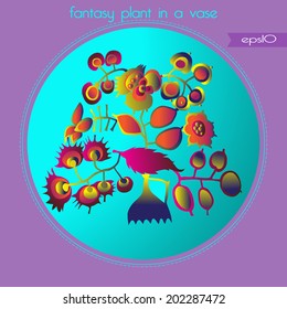 Transparent card with a flowering plant in a vase with gradient and text in a circle.