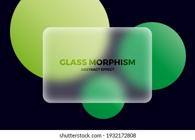 Transparent card in glass morphism. Сolored green circles on the background. Transparent and blurred frame. Glass-morphism style. Vector illustration. Trend effect