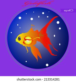 Transparent card with  goldfish and flag, text on a  gradient circle. Handmade.