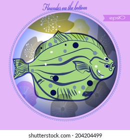 Transparent card with green flounder on the bottom in a gradient circle and text.