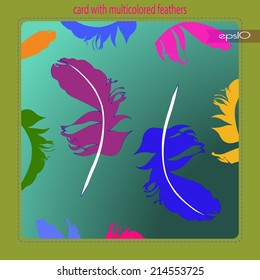 Transparent card with multicolored feathers and pink  text on a gradient rounded rectangle.