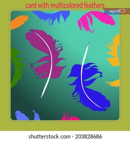 Transparent card with multicolored feathers and text on an gradient rounded rectangle.