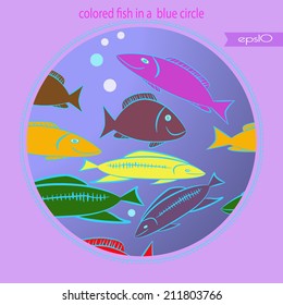 Transparent card with multicolored fish in a gradient circle with pink text, transparent flag.