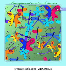 Transparent  card with  multicolored insects  pattern on a gradient  rounded rectangle and  green  text. Handmade.