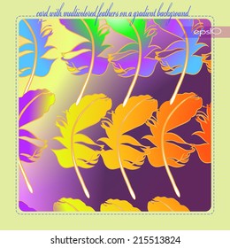 Transparent card with multicolored  ornament of feathers on a gradient rounded rectangle and text on a light gray frame, flag.